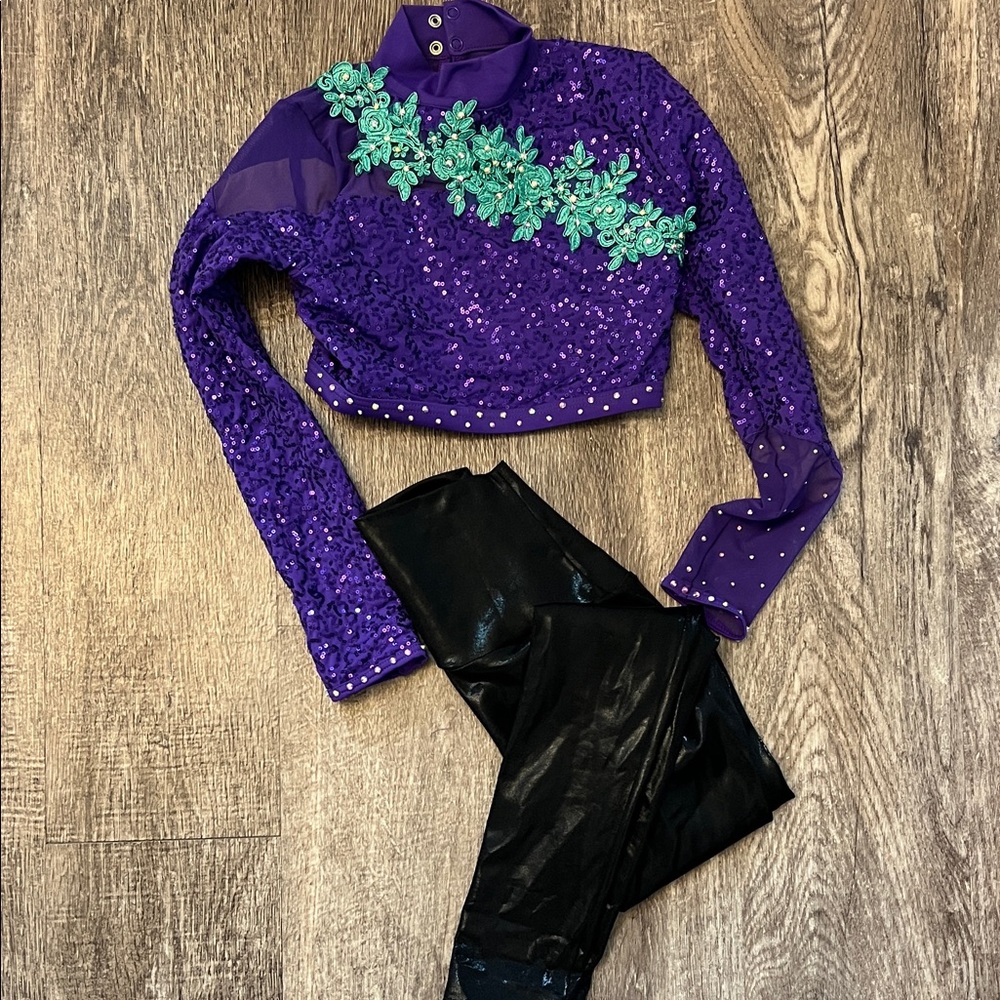 Purple Sequin Crop Top and Black Leggings Set